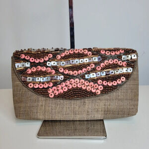 Misenka Raffia Hand-Woven Beaded Envelope Clutch Handbag NEW